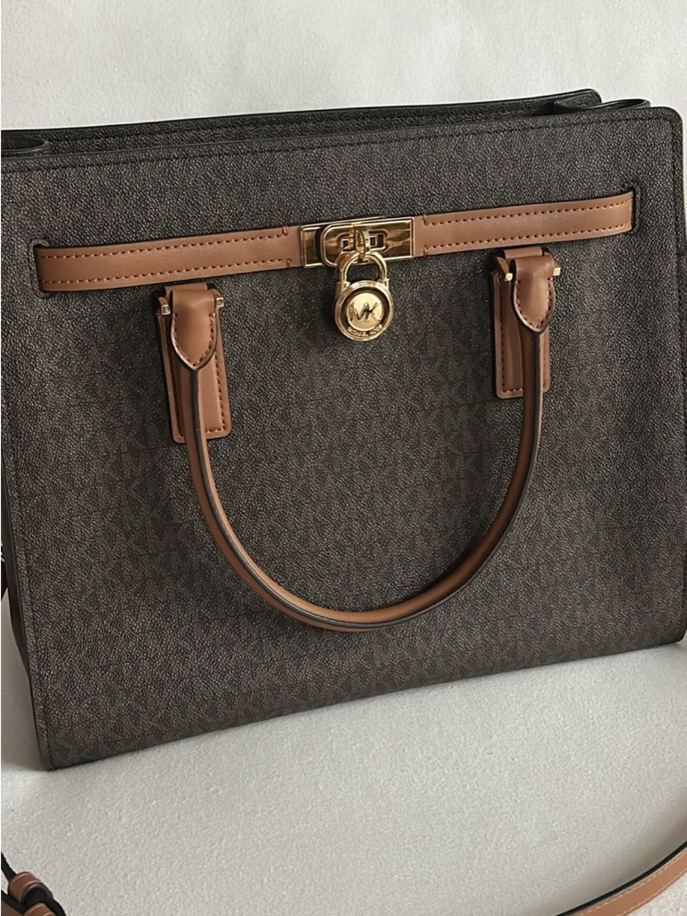 Michael Kors Brown and Tan Signature Satchel with Gold Lock